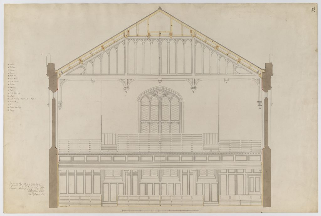 Original planning drawings of the Free College of Edinburgh, Transverse Section of Church Looking South, from 1847