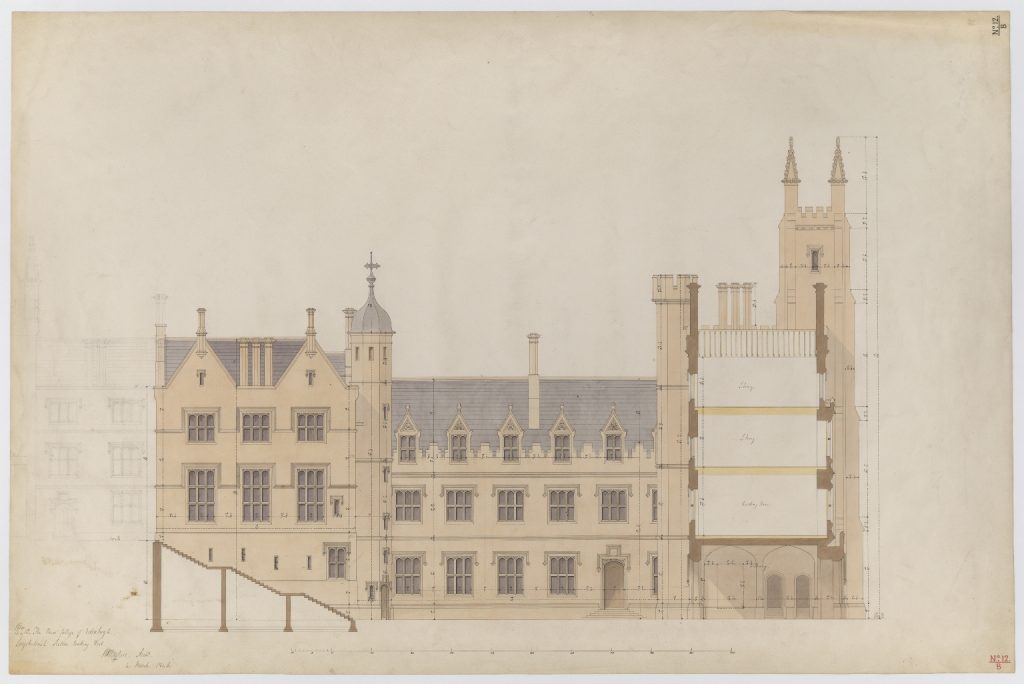 Original planning drawings of the New College of Edinburgh, Longitudinal Section Looking West, from 1847