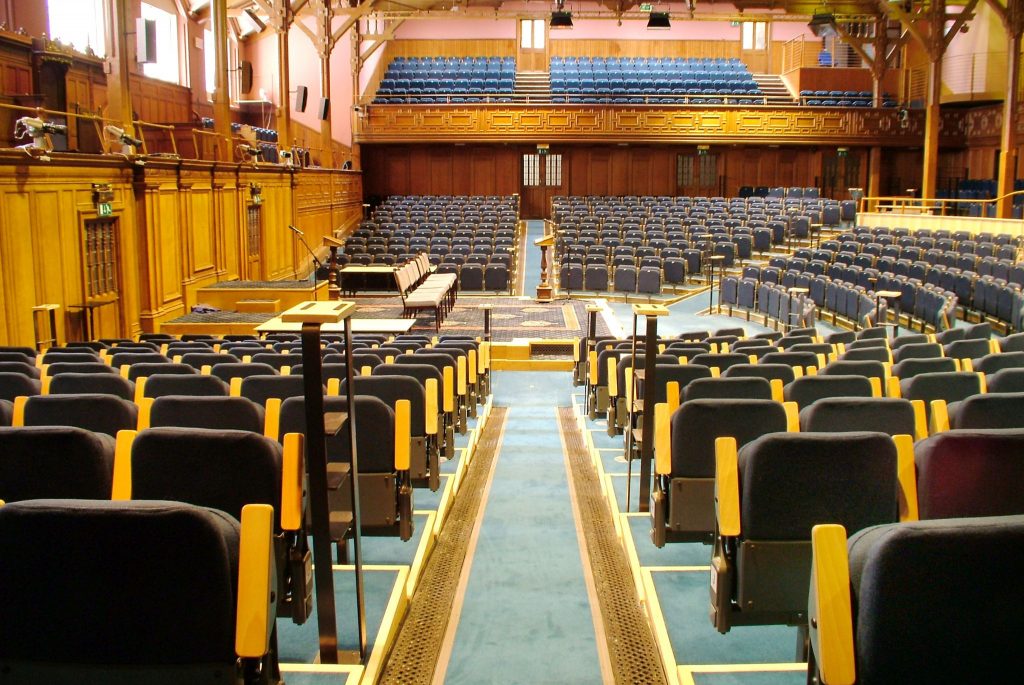 Colour photo of the Assembly Hall from the isle to the left of the stage